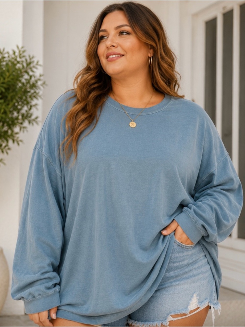 We The Free Oversized Cotton Tee | Dusty Blue Relaxed Long Sleeve | XL